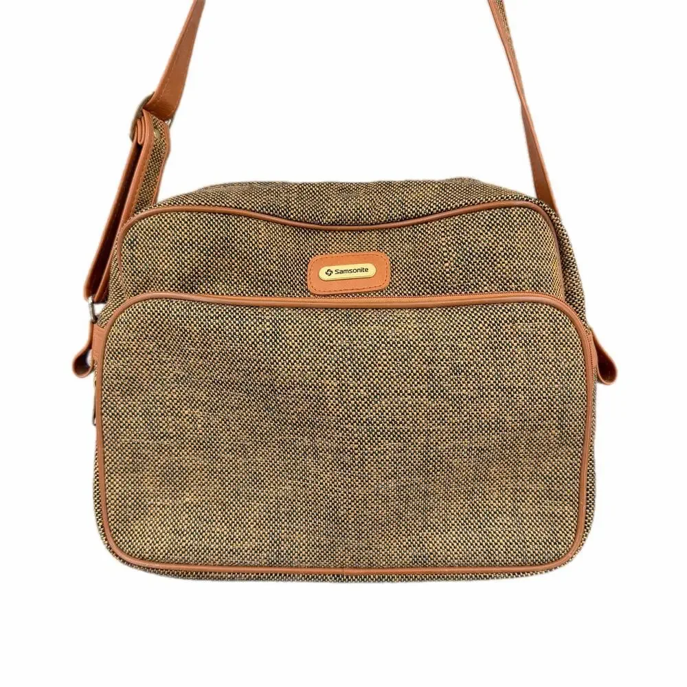 Vtg 70s Samsonite Tweed Woven Brown Carry On Travel Luggage Shoulder Strap Bag